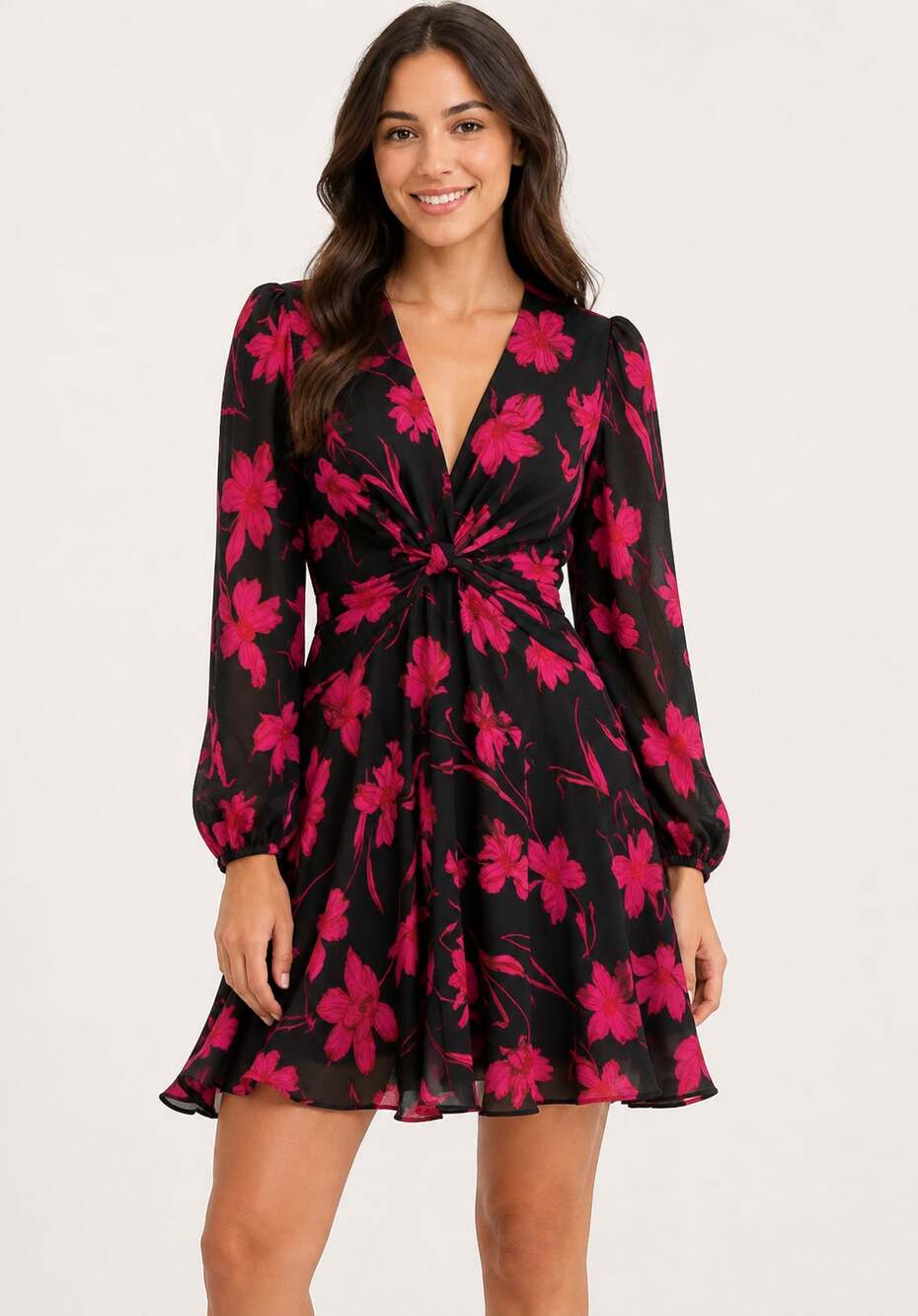 Banana Republic Floral Puff Sleeve Mini Dress Womens Size 2 Black Pink Fit Flare
